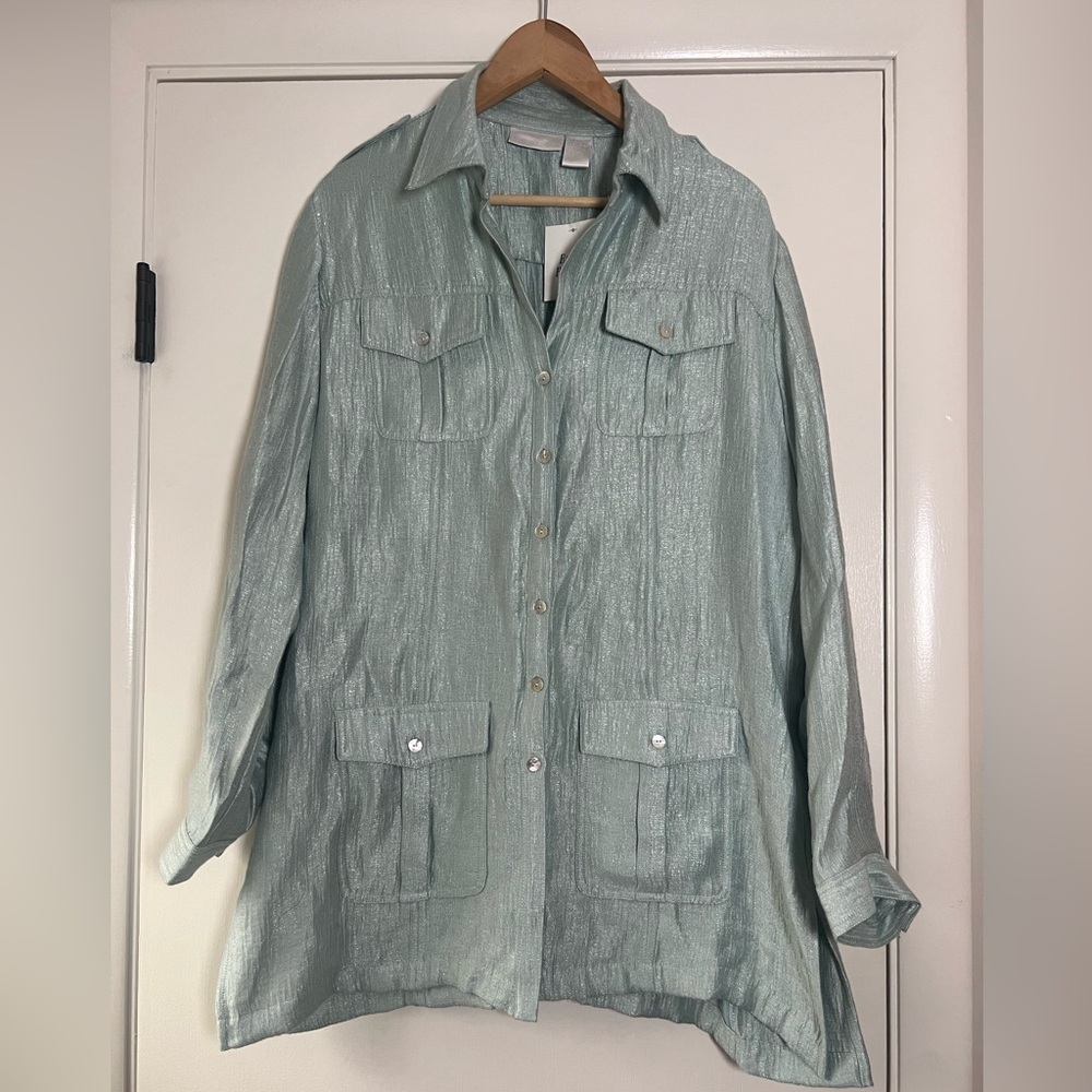 🆕 Soft Surroundings Pastel Mint Metallic Big Shirt Soft Utility Jacket Shacket